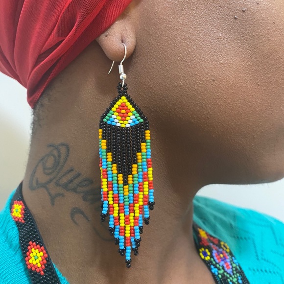Bead embroidery necklace earrings tribal jewelry - Picture 9 of 10